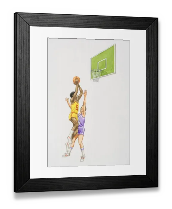 Framed Print : Two basketball players jumping up in the air near basket, one of them throwing the ball and the other trying to snatch it Framed Print : Two basketball players jumping up in the air near basket, one of them throwing the ball and the other trying to snatch it