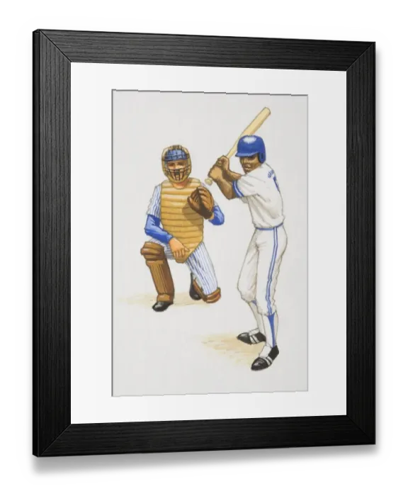 Framed Print : Baseball batter and backstop poised in their playing positions, front view Framed Print : Baseball batter and backstop poised in their playing positions, front view