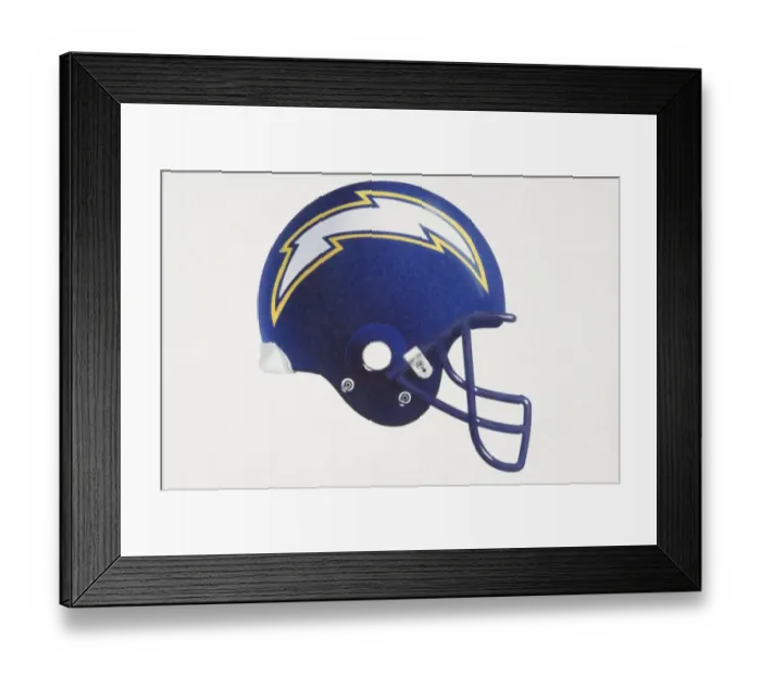 Framed Print : Blue American football helmet with lightning-shaped team logo, side view Framed Print : Blue American football helmet with lightning-shaped team logo, side view