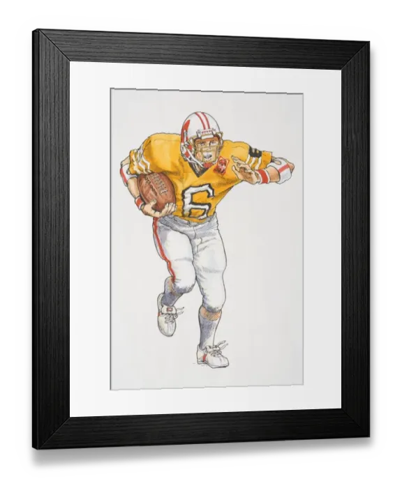 Framed Print : Man wearing full American football gear running with ball, front view Framed Print : Man wearing full American football gear running with ball, front view