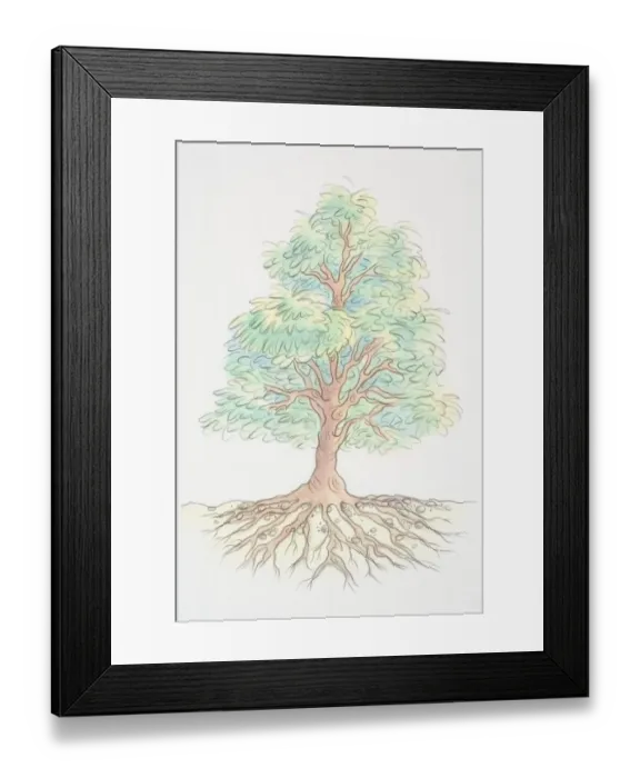 Framed Print : Tree with green foliage and extensive underground roots, front view Framed Print : Tree with green foliage and extensive underground roots, front view