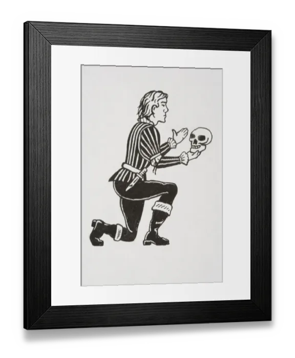 Framed Print : Scene from Hamlet, protagonist kneeling and holding up human skull, Alas, poor Yorick! I knew him, Horatio, side view Framed Print : Scene from Hamlet, protagonist kneeling and holding up human skull, Alas, poor Yorick! I knew him, Horatio, side view