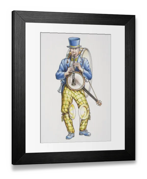 Framed Print : One man band, man in blue-and-yellow suit and top hat playing clarinet while carrying banjo on his shoulders, cymbals strapped to his knees and big drum on his back, front view Framed Print : One man band, man in blue-and-yellow suit and top hat playing clarinet while carrying banjo on his shoulders, cymbals strapped to his knees and big drum on his back, front view
