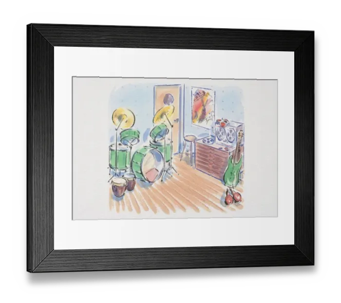 Framed Print : Drum kit, electric guitar, rattles and tape recorder in room with wooden floor Framed Print : Drum kit, electric guitar, rattles and tape recorder in room with wooden floor