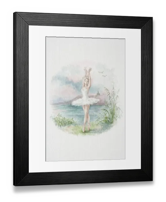 Framed Print : Ballerina in white tutu standing on pointes with arms stretched up, lake landscape in background Framed Print : Ballerina in white tutu standing on pointes with arms stretched up, lake landscape in background