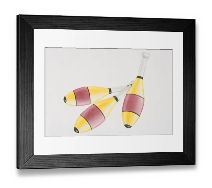 Framed Print : Three colourful juggling pins, front view Framed Print : Three colourful juggling pins, front view