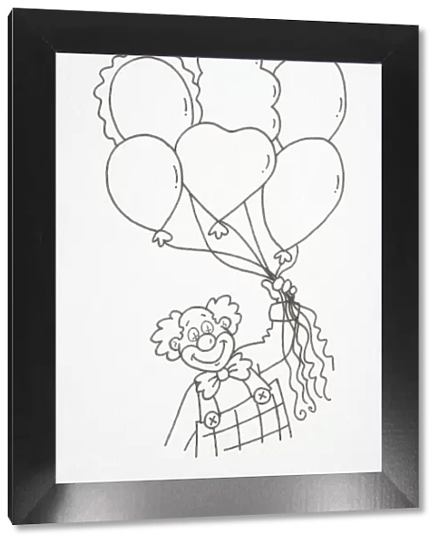 Smiling clown in overalls and bow tie holding a bunch of helium baloons, front view
