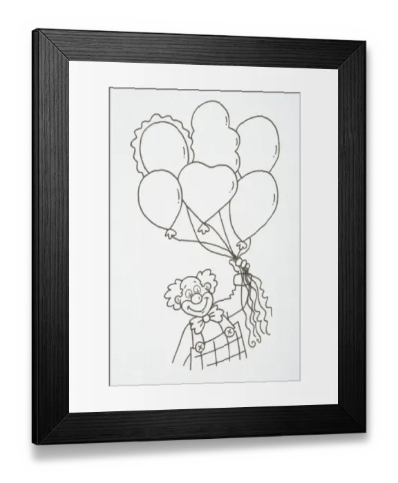 Framed Print : Smiling clown in overalls and bow tie holding a bunch of helium baloons, front view Framed Print : Smiling clown in overalls and bow tie holding a bunch of helium baloons, front view