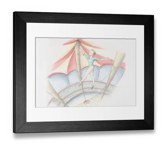 Framed Print : Acrobat in green leotard and shoes balancing on tightrope near the roof of circus tent high above barely visible crowd Framed Print : Acrobat in green leotard and shoes balancing on tightrope near the roof of circus tent high above barely visible crowd