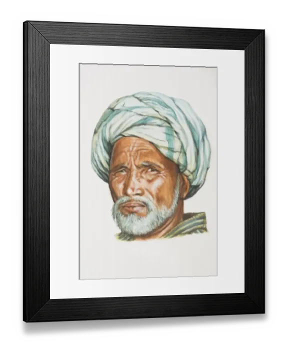Framed Print : Uzbekistan, head of Uzbek man with white beard and moustache, wearing headscarf, front view Framed Print : Uzbekistan, head of Uzbek man with white beard and moustache, wearing headscarf, front view