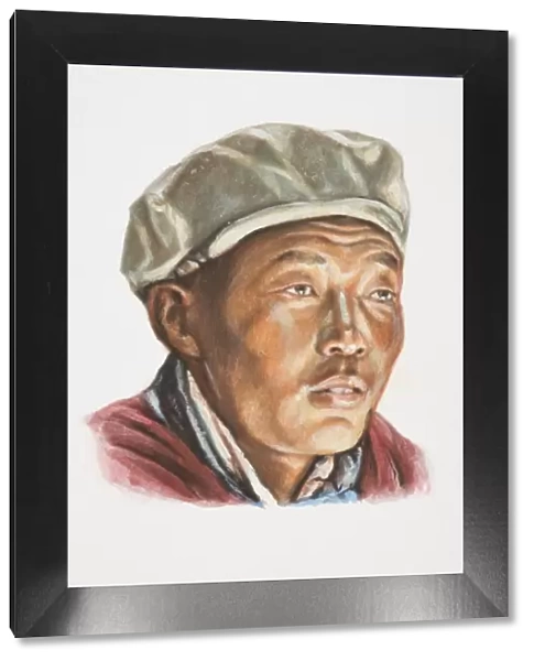 Mongolia, head of Mongol man in hat, front view