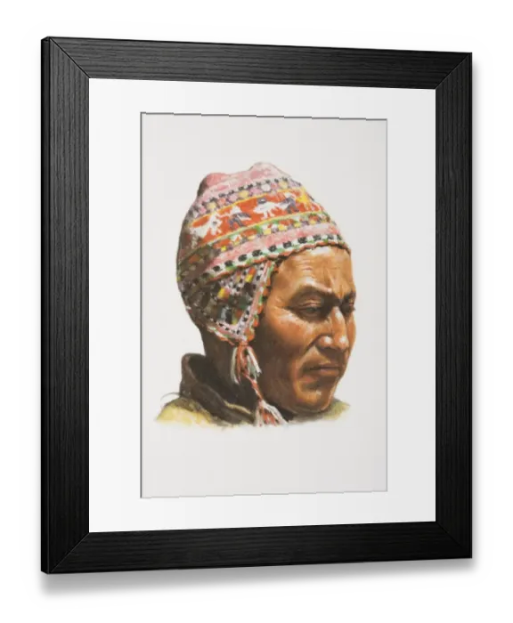 Framed Print : South America, head of highland Amerindian man in colourful woolen hat, side view Framed Print : South America, head of highland Amerindian man in colourful woolen hat, side view