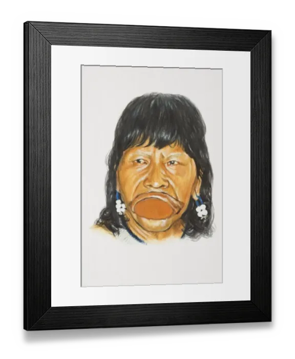 Framed Print : South America, head of lowland Amerindian woman with stretched lips holding traditional lip plate in her mouth, front view Framed Print : South America, head of lowland Amerindian woman with stretched lips holding traditional lip plate in her mouth, front view