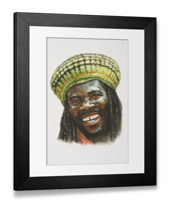 Framed Print : The Caribbeans, head of smiling Afro-Caribbean man with beard, moustache, dreadlocks and yellow hat, front view