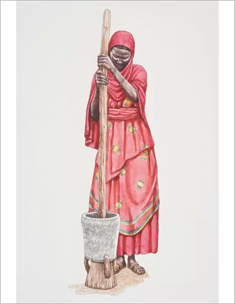 Standing African woman in traditional Somalian clothing pounding grain in a clay pot using a stick, front view