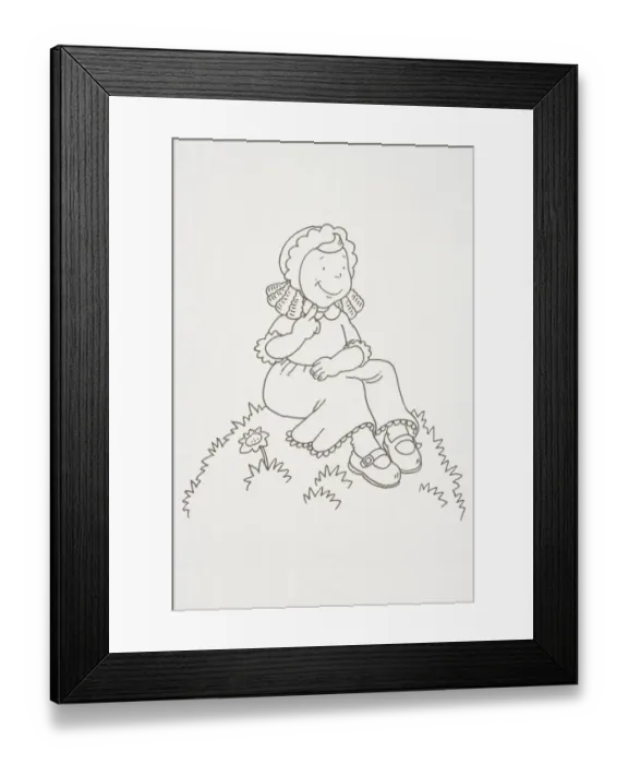 Framed Print : Smiling girl wearing a bonnet sitting on a grassy mound, side view
