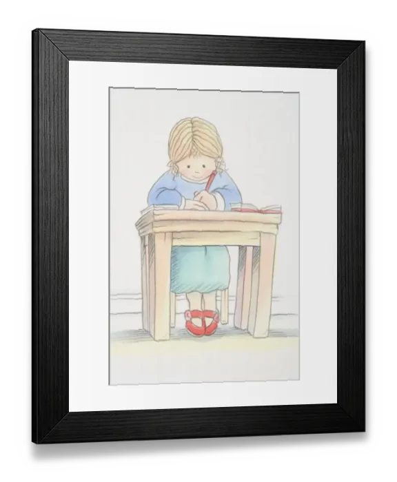 Framed Print : Blonde girl in green skirt, blue jumper and red shoes sitting by small desk and writing, low angle view Framed Print : Blonde girl in green skirt, blue jumper and red shoes sitting by small desk and writing, low angle view