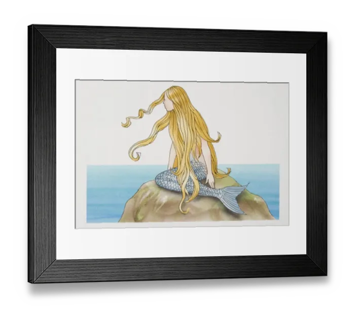 Framed Print : Blonde mermaid sitting on sea rock, side view Framed Print : Blonde mermaid sitting on sea rock, side view