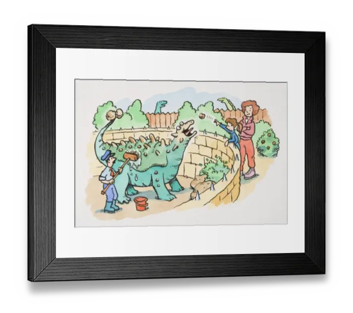 Framed Print : Woman and child throwing food to green dinosaur being groomed within walled area of dinosaur zoo, side view