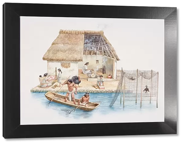 Cross-section illustration of riverside Aztec dwelling with thatched roof, woman inside sitting attending to fire, women and girl outside doing handicrafts, two men in boat catching fish with spears on river