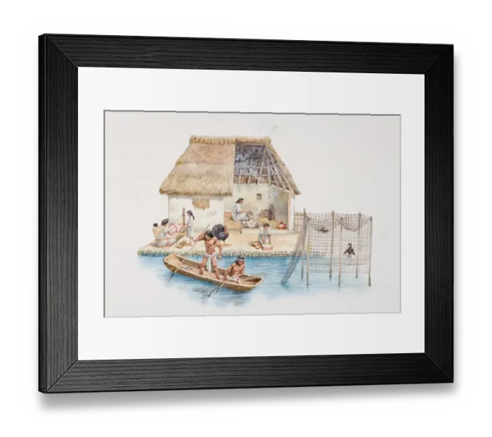 Framed Print : Cross-section illustration of riverside Aztec dwelling with thatched roof, woman inside sitting attending to fire, women and girl outside doing handicrafts, two men in boat catching fish with spears on river Framed Print : Cross-section illustration of riverside Aztec dwelling with thatched roof, woman inside sitting attending to fire, women and girl outside doing handicrafts, two men in boat catching fish with spears on river
