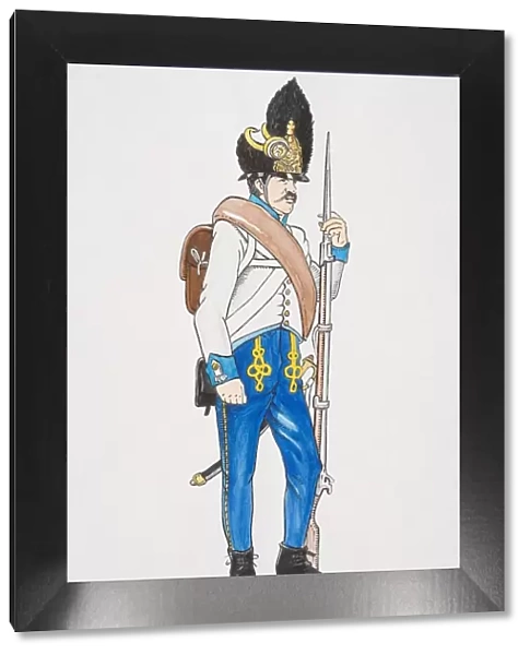 Austrian empire circa 1815, Hungarian Grenadier in Austrian Army, holding musket, side view