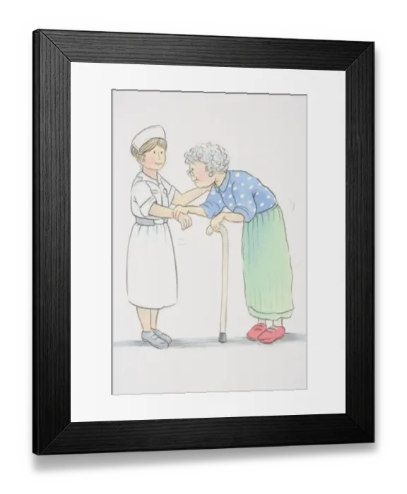 Framed Print : Hunched elderly woman leaning on a walking stick and holding on to wrist of smiling nurse, side view Framed Print : Hunched elderly woman leaning on a walking stick and holding on to wrist of smiling nurse, side view