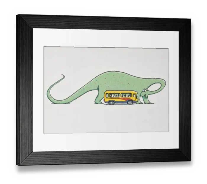 Framed Print : Giant green dinosaur standing next to minibus full of passengers bending its neck back to peer at the vehicle, side view Framed Print : Giant green dinosaur standing next to minibus full of passengers bending its neck back to peer at the vehicle, side view