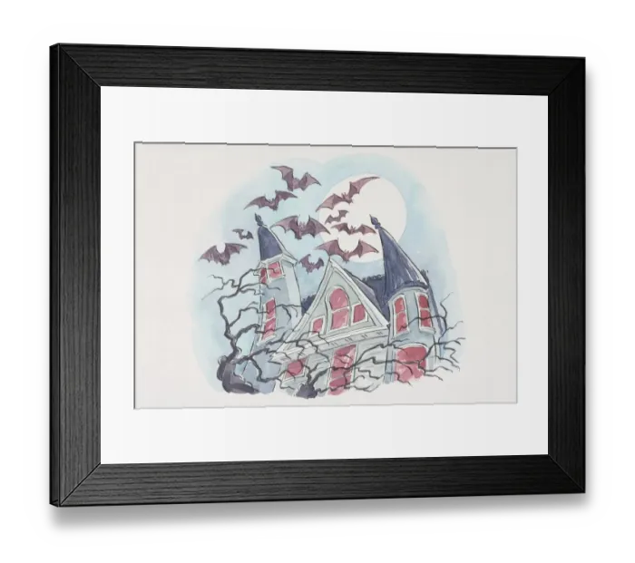 Framed Print : Bats flying against full moon over gothic house Framed Print : Bats flying against full moon over gothic house