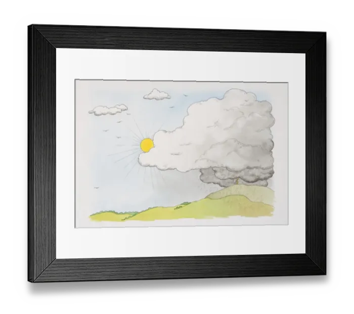 Framed Print : Sun emerging from behind grey cloud from which rain falls over green hillscape, front view