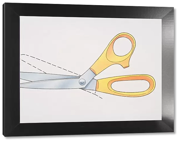 Pair of scissors with yellow handles laid over drawn dotted outline of blade