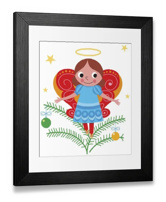 Framed Print : Smiling angel with halo and butterfly wings, standing on Christmas tree twig decorated with baubles