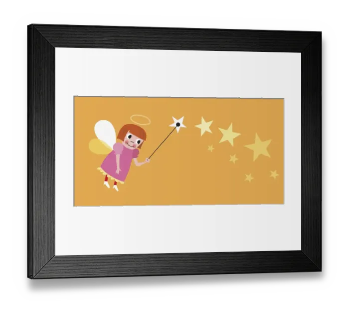 Framed Print : Flying angel with halo and wings holding wand, stars in background Framed Print : Flying angel with halo and wings holding wand, stars in background