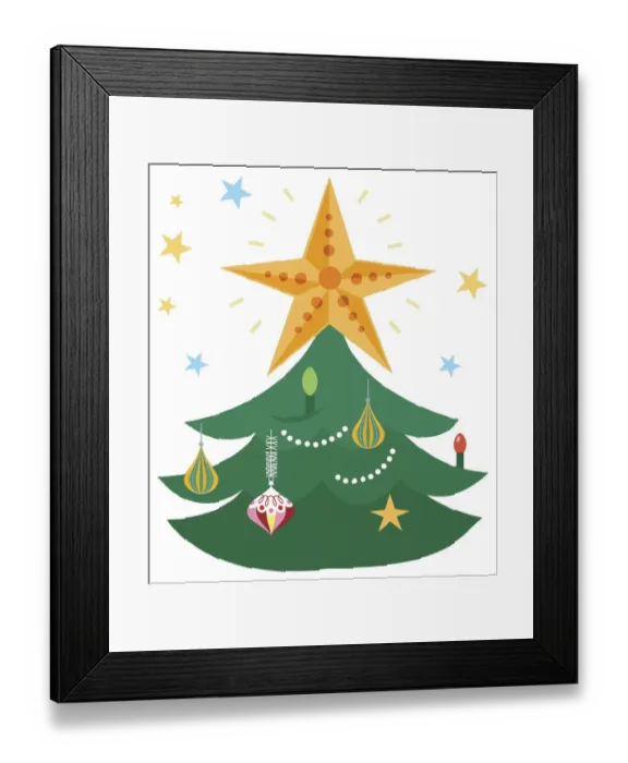 Framed Print : Glittering yellow star on top of Christmas tree decorated with baubles and colourful lights