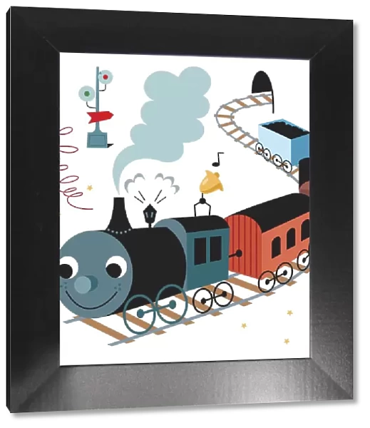 Cartoon steam train emerging from tunnel, smiling face at front of locomotive