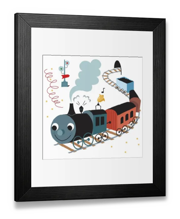 Framed Print : Cartoon steam train emerging from tunnel, smiling face at front of locomotive Framed Print : Cartoon steam train emerging from tunnel, smiling face at front of locomotive