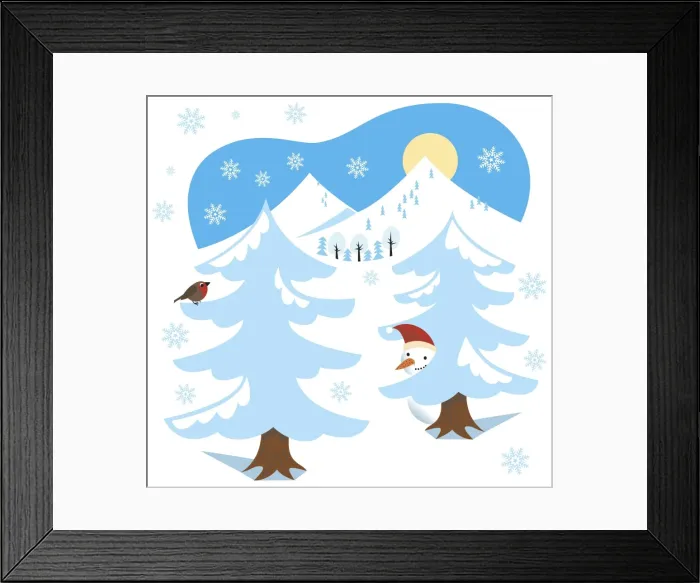 Framed Print : Winter scene, fir trees covered with snow, snowman peeking out behind tree, robin perched on tree, mountains in background Framed Print : Winter scene, fir trees covered with snow, snowman peeking out behind tree, robin perched on tree, mountains in background