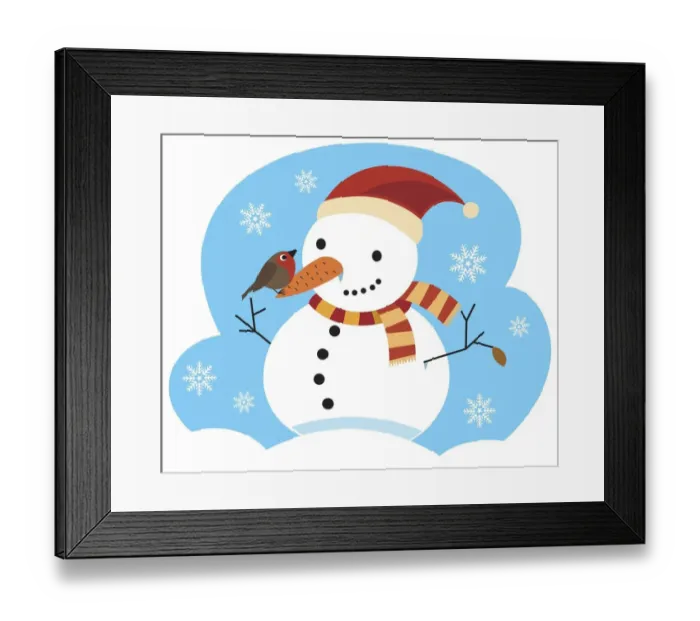 Framed Print : Snowman with striped scarf wrapped around neck, red christmas hat and robin perched on carrot nose Framed Print : Snowman with striped scarf wrapped around neck, red christmas hat and robin perched on carrot nose
