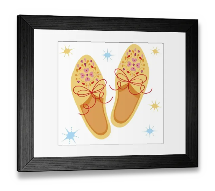 Framed Print : Pair of yellow shoes decorated with pink floral pattern Framed Print : Pair of yellow shoes decorated with pink floral pattern