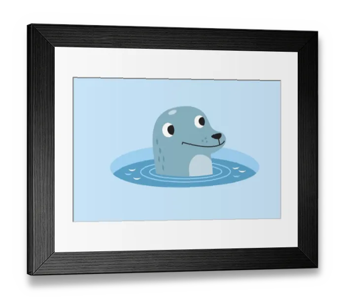 Framed Print : Head of smiling seal emerging from water in circular hole in icy surface