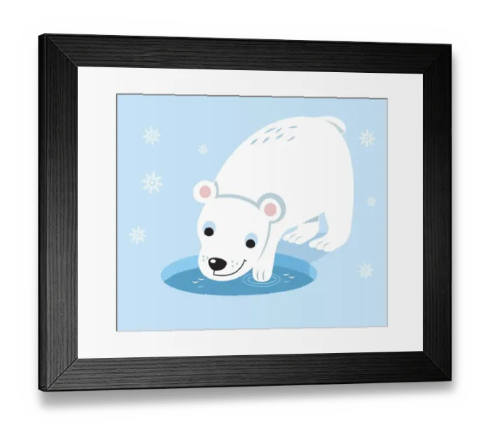 Framed Print : Polar bear cub standing on icy suface, dipping paw into water revealed in circular hole in ice Framed Print : Polar bear cub standing on icy suface, dipping paw into water revealed in circular hole in ice
