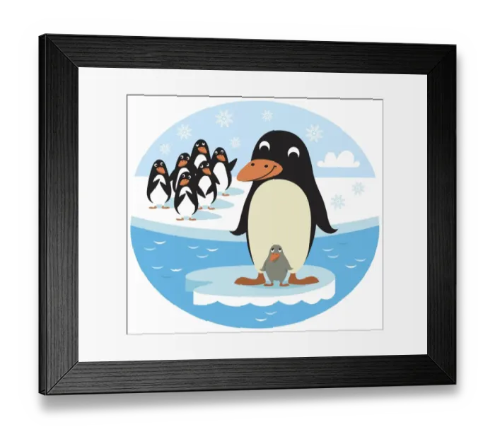 Framed Print : Smiling adult Penguin and chick standing on small ice floe, group of Penguins behind them on icy shore Framed Print : Smiling adult Penguin and chick standing on small ice floe, group of Penguins behind them on icy shore