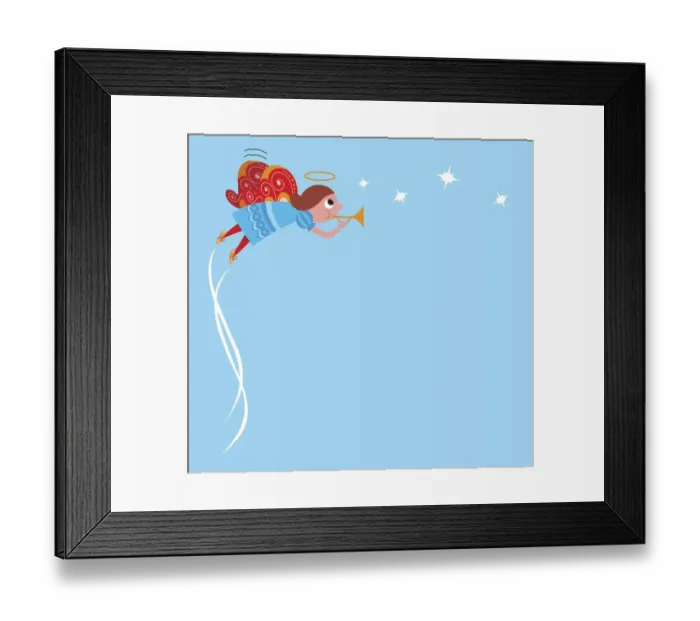 Framed Print : Angel with halo and butterfly wings flying and blowing trumpet, side view