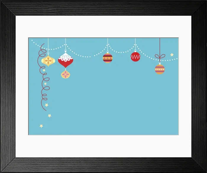 Framed Print : Row of colourful baubles hanging from strings Framed Print : Row of colourful baubles hanging from strings