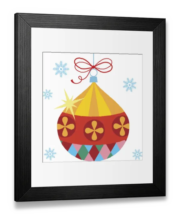 Framed Print : Colourful bauble hanging from string, falling snowflakes in background