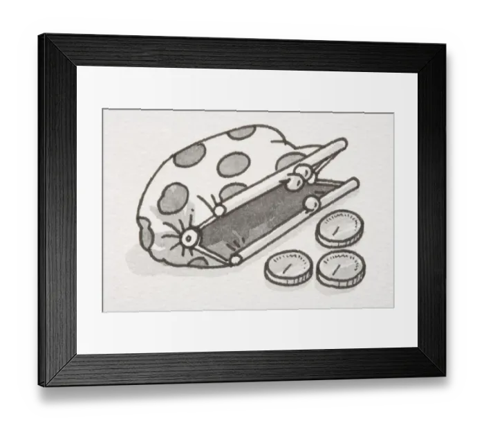 Framed Print : Three coins by open spotted purse, side view Framed Print : Three coins by open spotted purse, side view