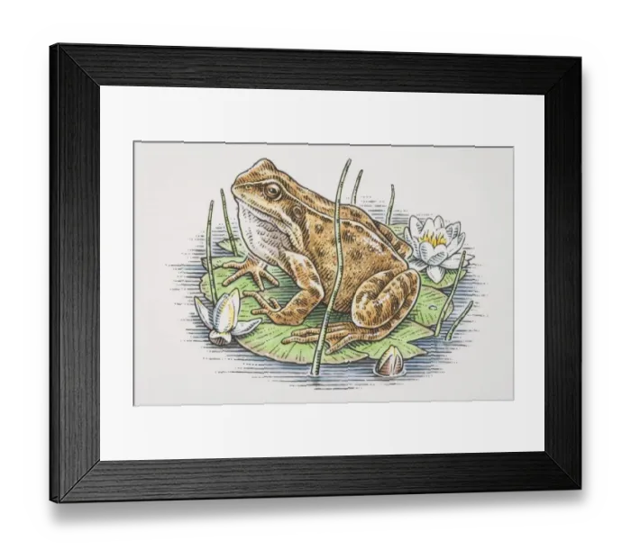 Framed Print : Rana temporaria, European Common Frog perched on water lilly leaf, side view