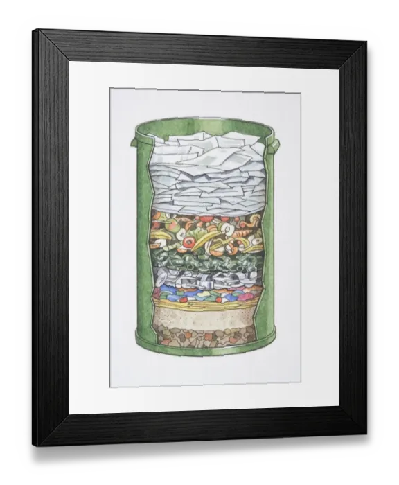 Framed Print : Cross-section diagram of an average familys dustbin Framed Print : Cross-section diagram of an average familys dustbin