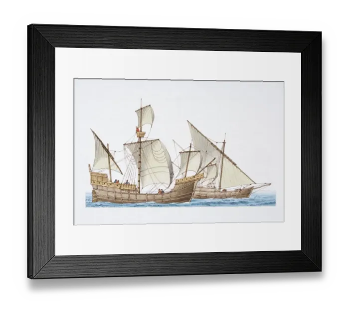 Framed Print : The 1492 ship Santa Maria and her sister ship Nina, side view