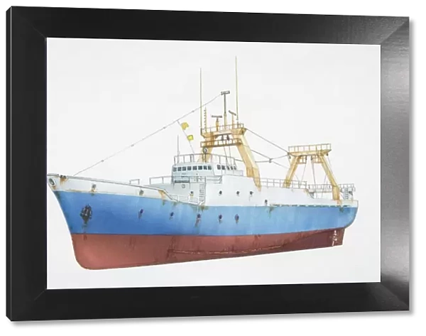 Blue and white fishing trawler, side view